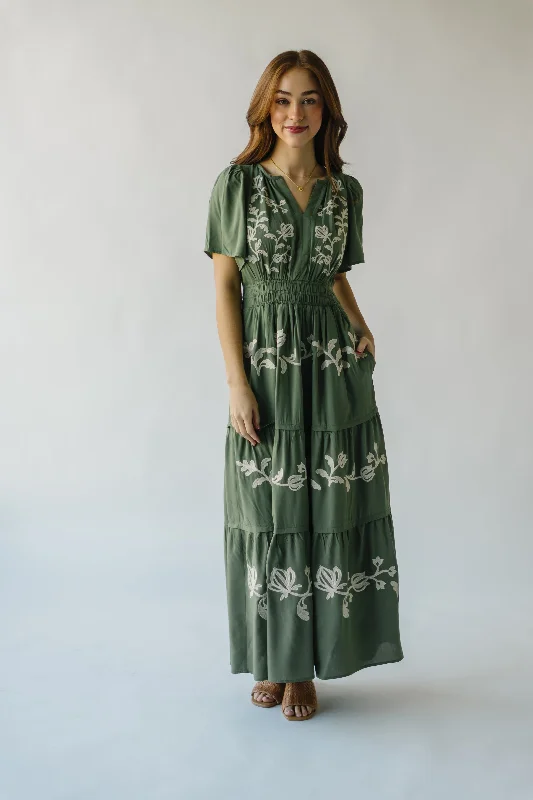 The Radford Embroidered Maxi Dress in Olive