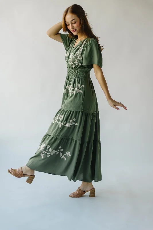 The Radford Embroidered Maxi Dress in Olive