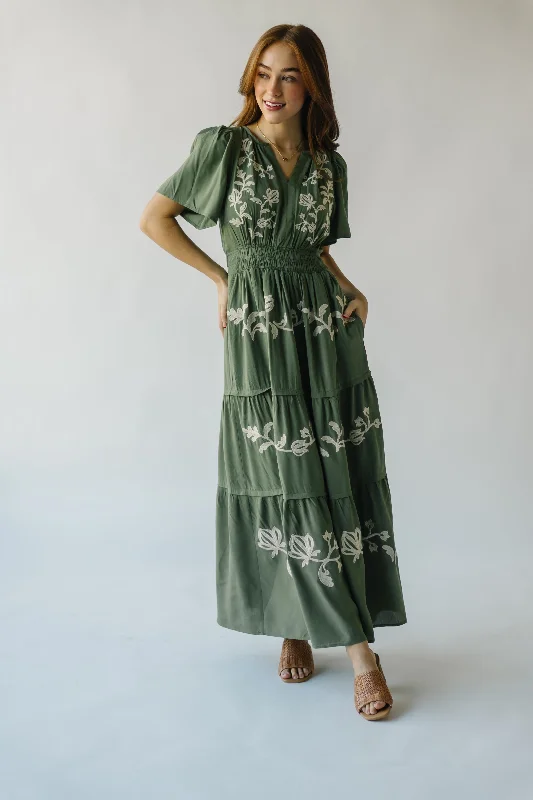 The Radford Embroidered Maxi Dress in Olive