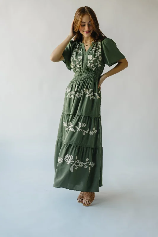 The Radford Embroidered Maxi Dress in Olive