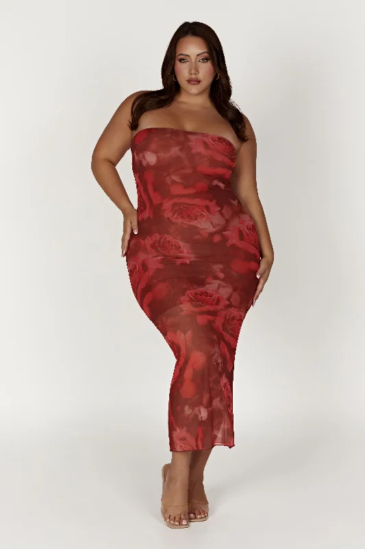 Aphrodite Strapless Mesh Dress - Oversized Rose Print