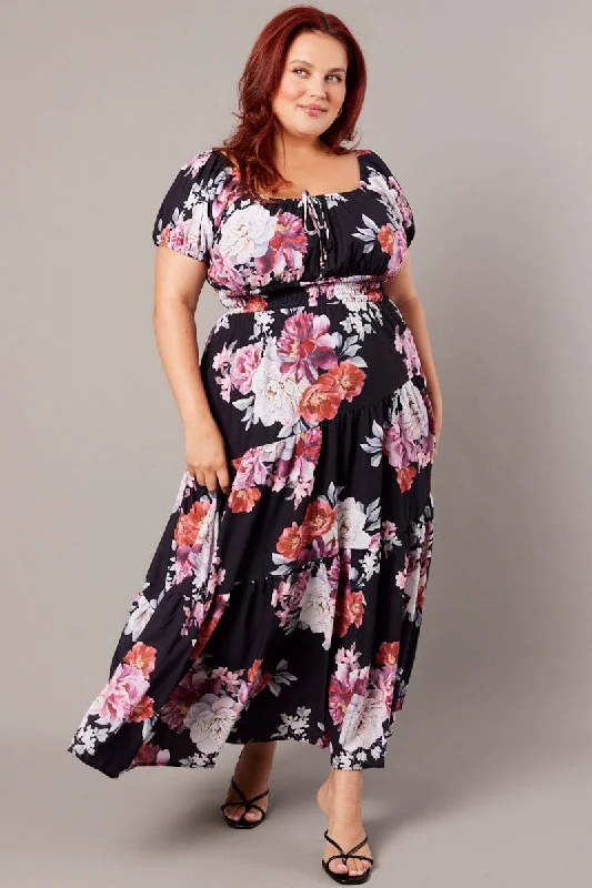 Black Floral Maxi Dress Short Sleeve Tiered