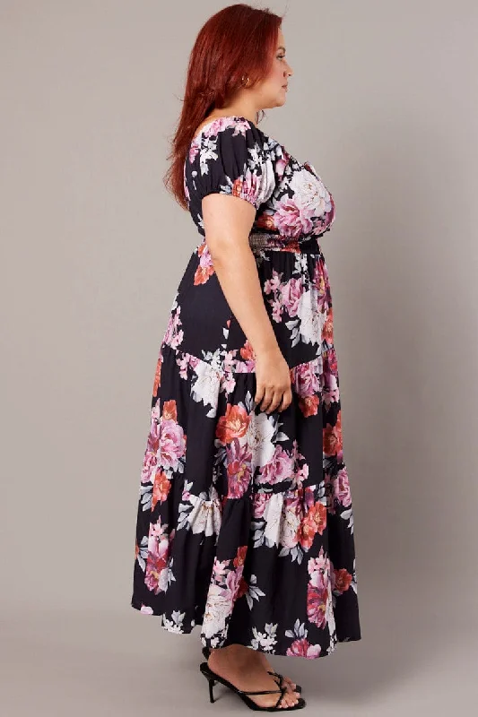 Black Floral Maxi Dress Short Sleeve Tiered