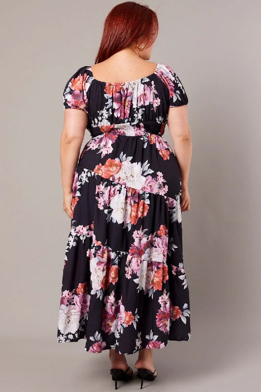 Black Floral Maxi Dress Short Sleeve Tiered