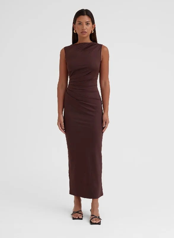 Chocolate Ruched Jersey Midaxi Dress - Tamilda