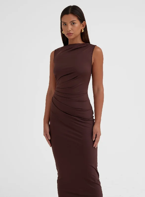 Chocolate Ruched Jersey Midaxi Dress - Tamilda