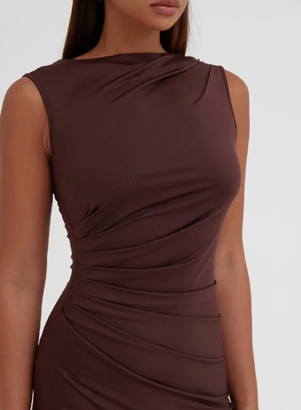 Chocolate Ruched Jersey Midaxi Dress - Tamilda