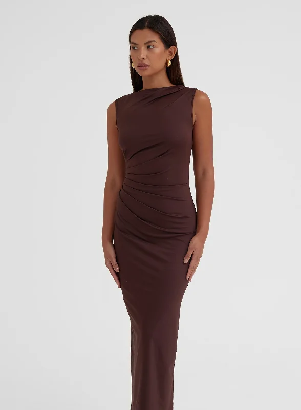 Chocolate Ruched Jersey Midaxi Dress - Tamilda