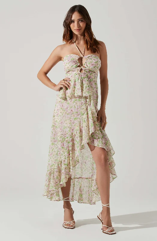 Vivee Floral Asymmetrical Halter Maxi Dress