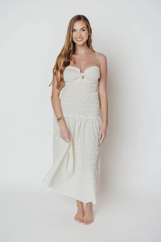 Whitley Strapless Sweetheart Midi Dress in Ivory