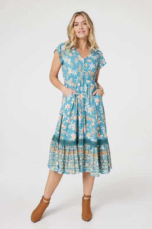 Floral V-Neck Shirred Midi Dress