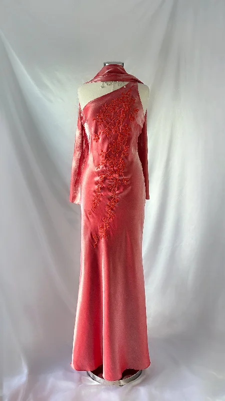 Dreamy 90s Iridescent Peach Floral Embellished Maxi Dress & Scarf Set