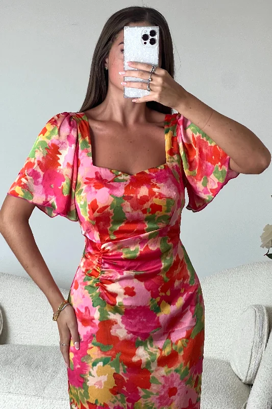 Heidi Orange Floral Ruched Midi Dress