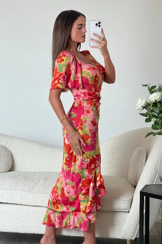 Heidi Orange Floral Ruched Midi Dress