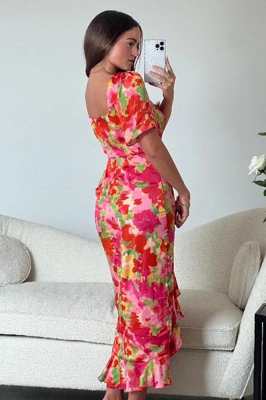 Heidi Orange Floral Ruched Midi Dress