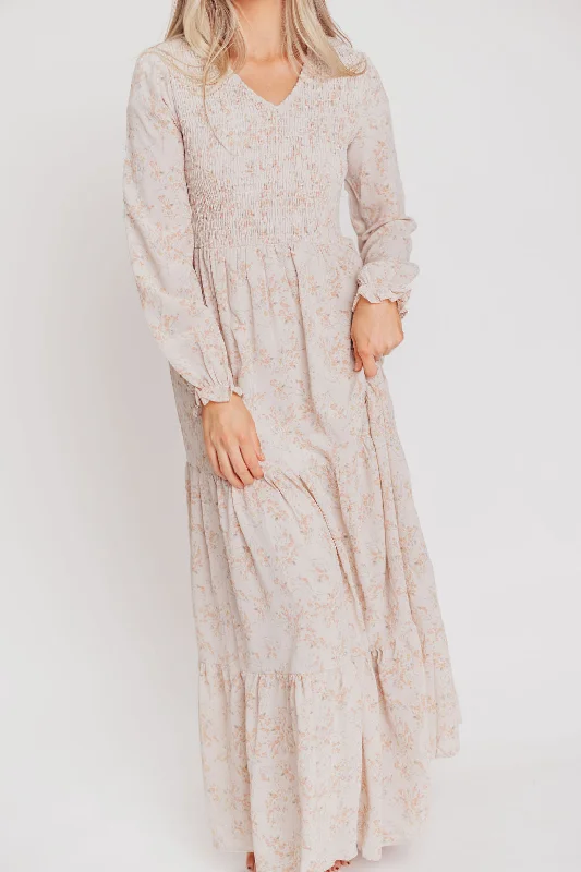 Lindy Maxi Dress with Long Sleeves and Smocked Bodice in Coconut Floral - Bump Friendly - Inclusive Sizing (XS - XXL)