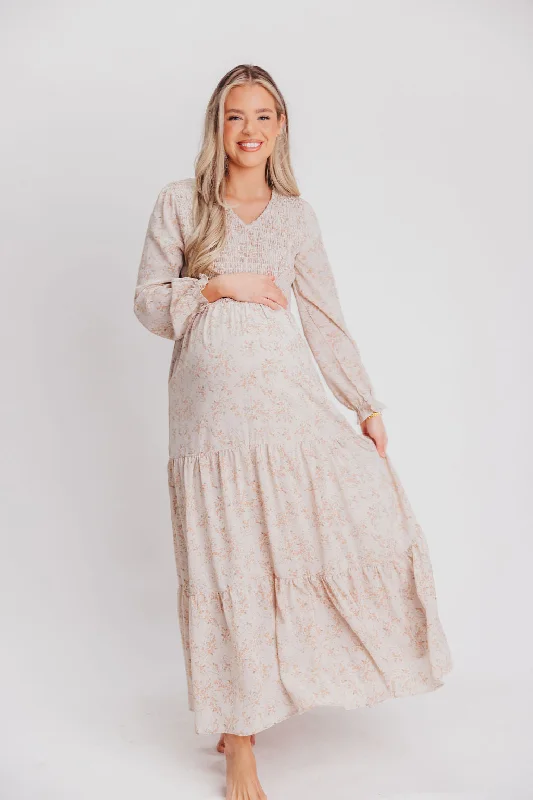 Lindy Maxi Dress with Long Sleeves and Smocked Bodice in Coconut Floral - Bump Friendly - Inclusive Sizing (XS - XXL)