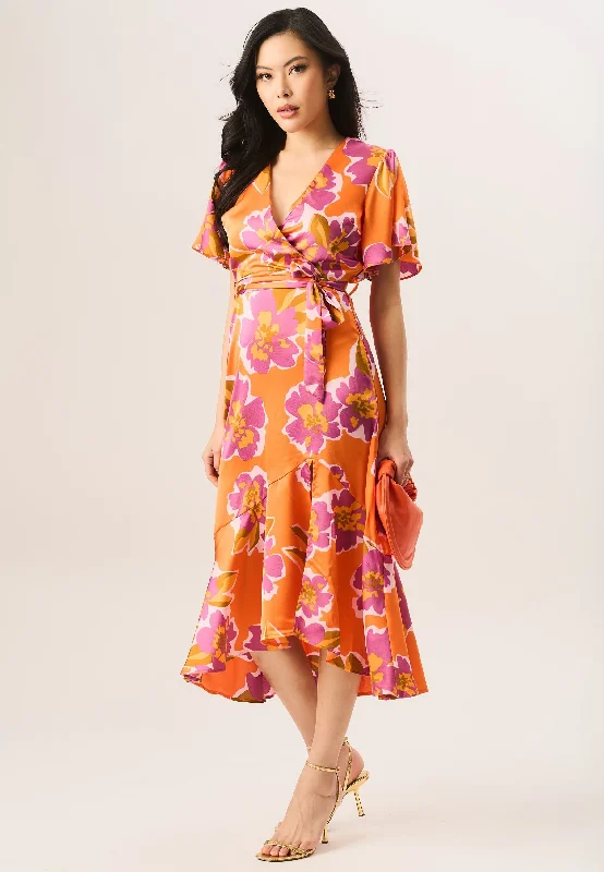 Multi Large Floral Print Wrap Occasion Midi Dress