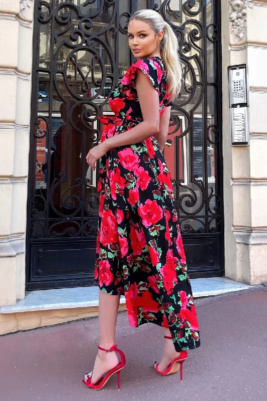 Red Floral Print Short Sleeve Belted Wrap Midi Dress