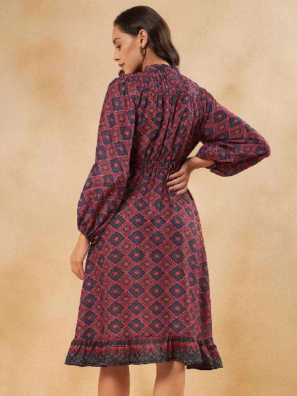 Red Tile Printed Elasticated Midi Dres