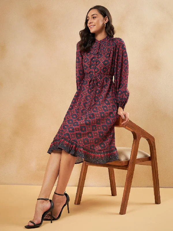 Red Tile Printed Elasticated Midi Dres