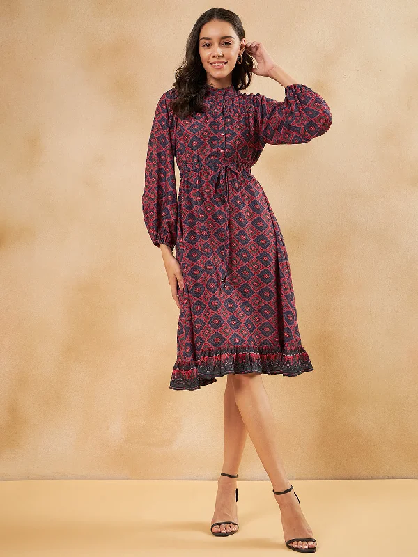 Red Tile Printed Elasticated Midi Dres