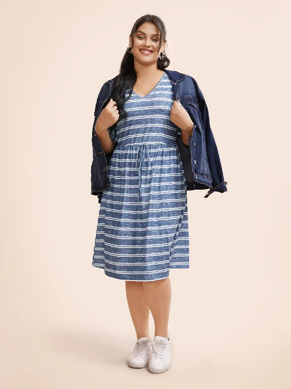 Striped Ties Pocket Roll sleeve Dress