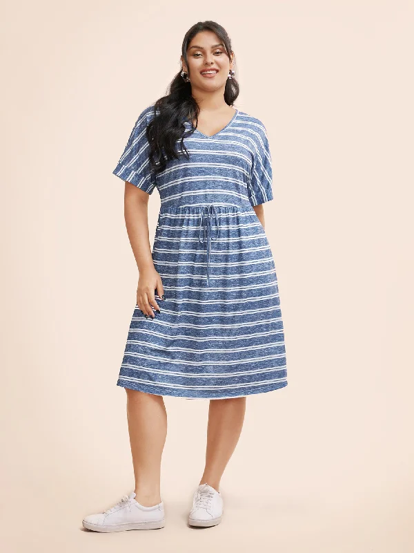 Striped Ties Pocket Roll sleeve Dress