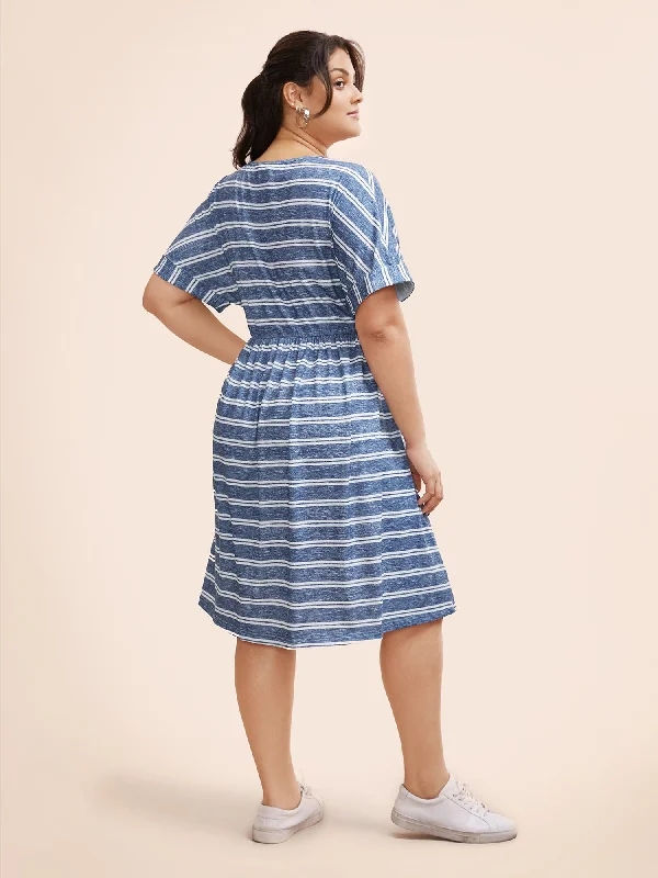 Striped Ties Pocket Roll sleeve Dress