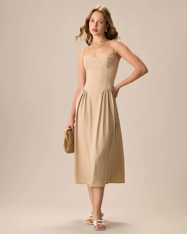 Women's Khaki Ruched Slip Midi Dress