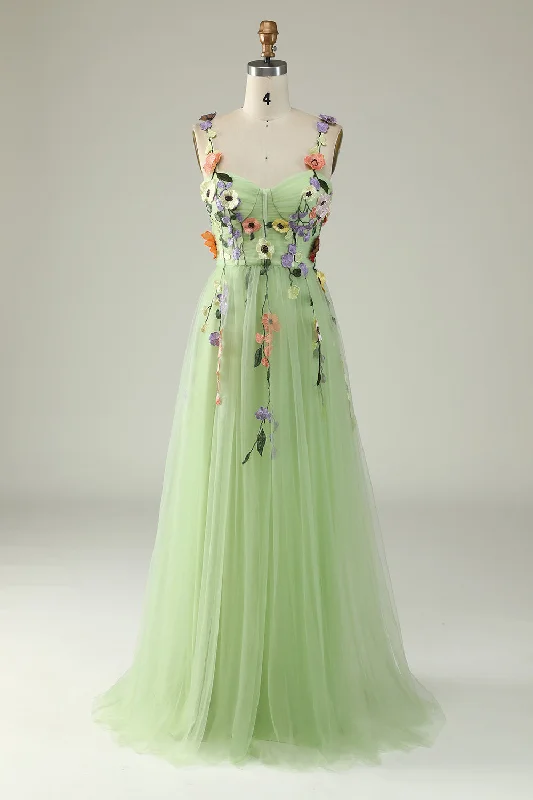 A Line Spaghetti Straps Green Prom Dress With 3D Flowers