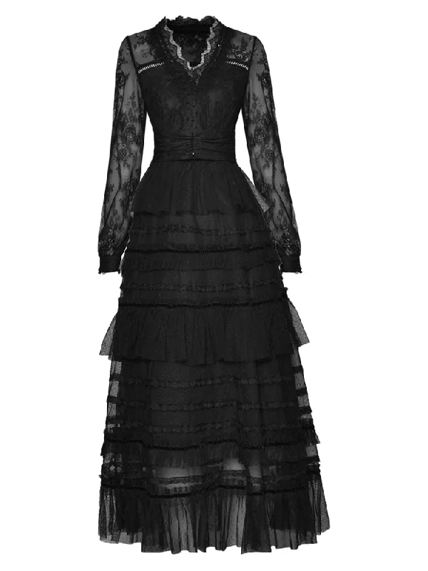 Atena Black Mesh V-Neck Lantern Sleeve Elegant Cascading Ruffle Dress