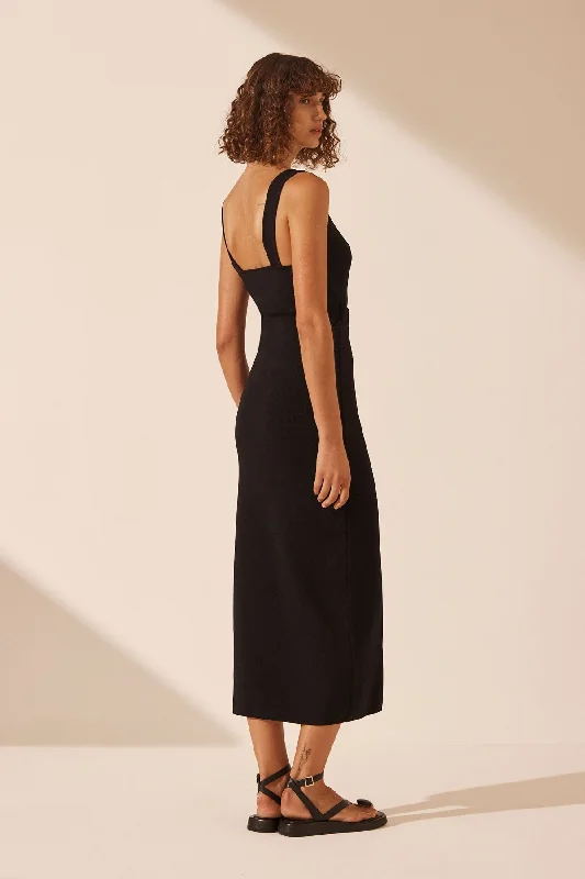 BASIC TWIST FRONT MIDI DRESS - BLACK