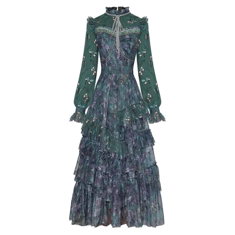 Bay Autumn Cake  Mesh Embroidery Ruffle Vintage Dress