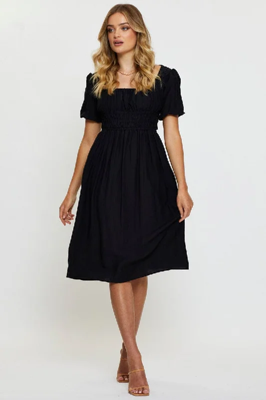 Black Midi Dress Short Sleeve Square Neck