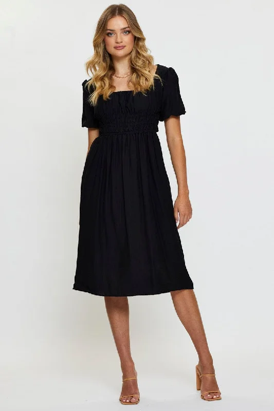 Black Midi Dress Short Sleeve Square Neck