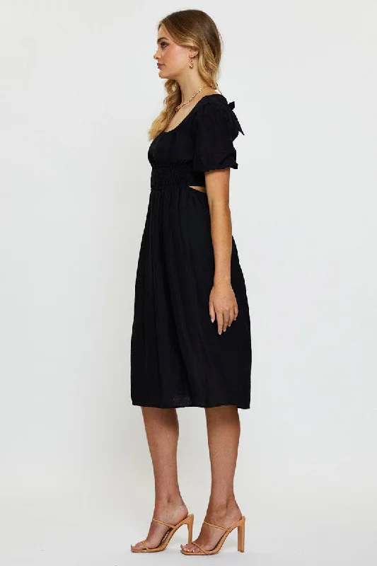 Black Midi Dress Short Sleeve Square Neck