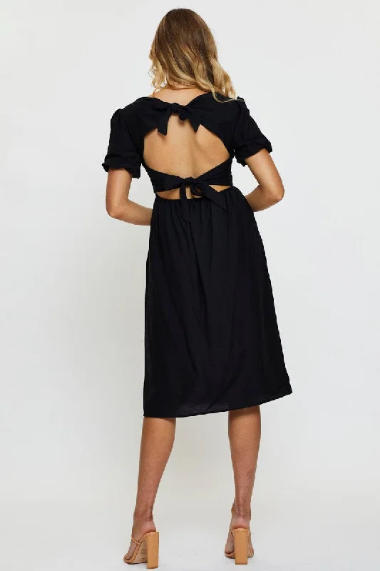 Black Midi Dress Short Sleeve Square Neck