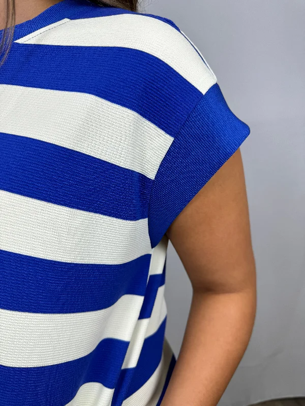 Blue & white stripe sweater knit dress