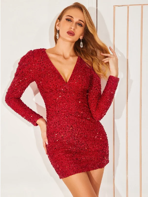 MegaBetty - Plunging Neck Gigot Sleeve Sequin Bodycon Dress