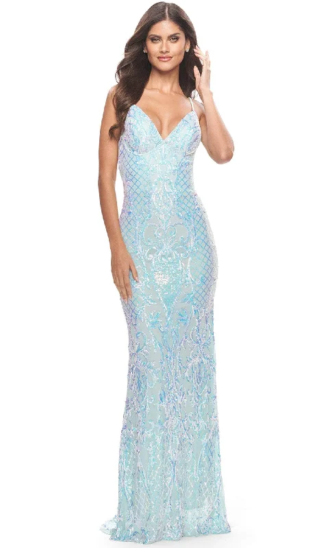 La Femme 31547 - V Neck Empire Lattice Gown