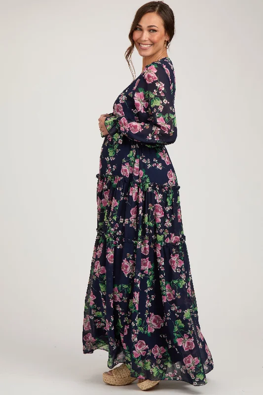 Navy Blue Floral Chiffon Ruffle Tiered Maternity Maxi Dress