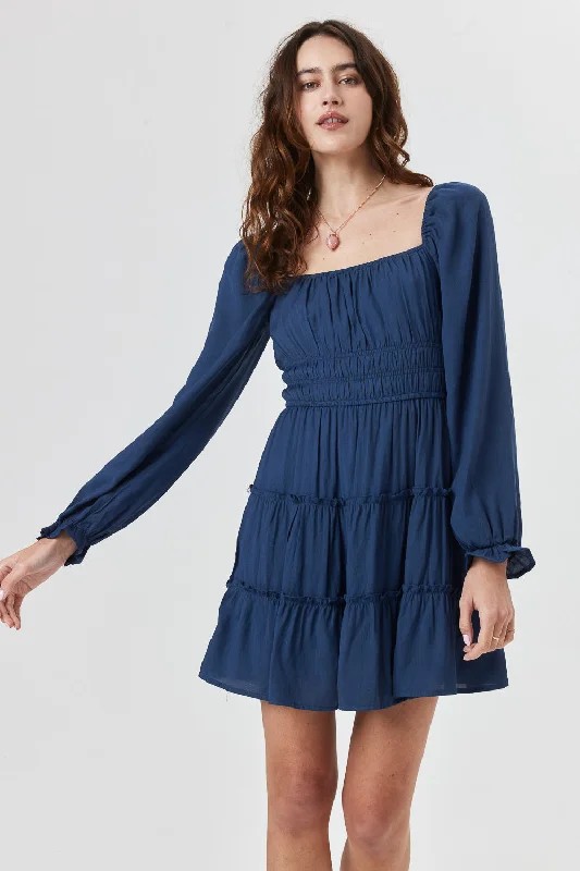 Navy Long Sleeve Ruffle Dress