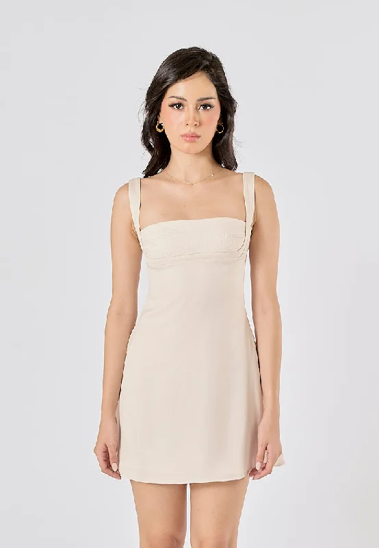 Nikkola Beige Square Neck Shoulder Strap Sleeveless Mini Dress