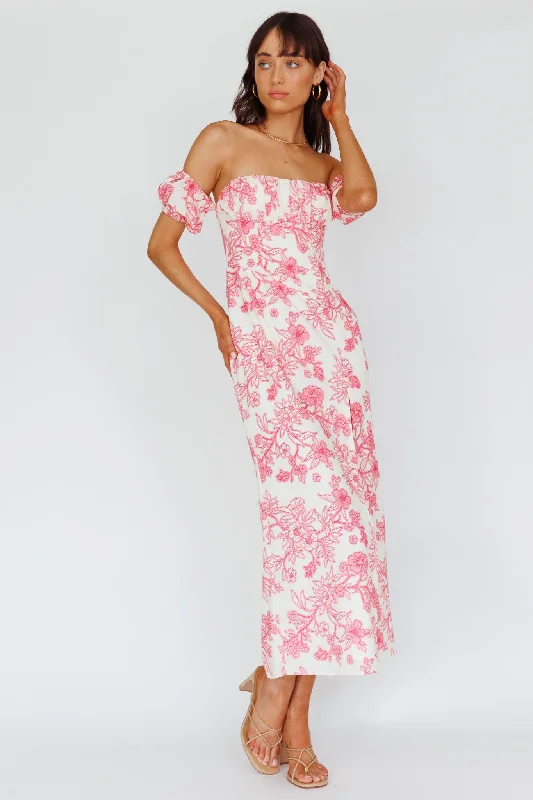 Olivier Off-Shoulder Midi Dress Floral Pink