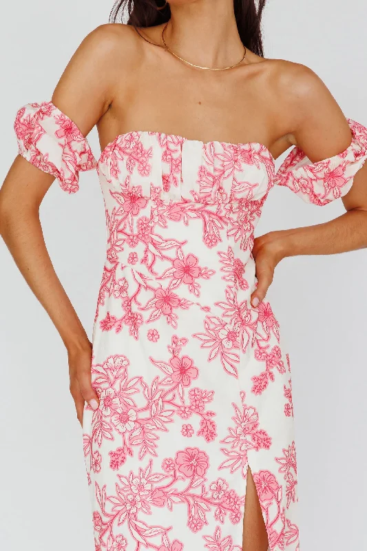 Olivier Off-Shoulder Midi Dress Floral Pink