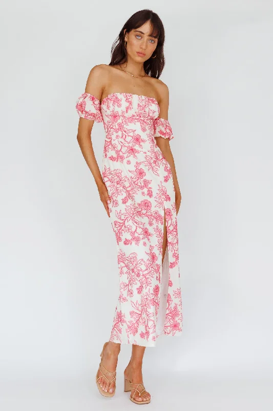 Olivier Off-Shoulder Midi Dress Floral Pink