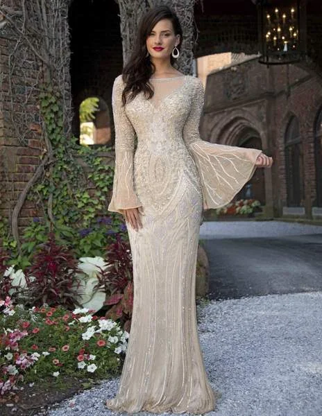 Primavera Couture - Embellished Long Bell Sleeve Bateau Dress 3284 - 1 pc Beige In Size 2 Available