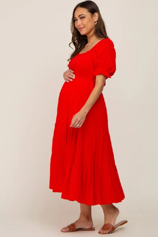 Red Swiss Dot Puff Sleeve Smocked Maternity Midi Dress