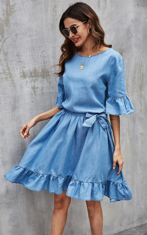 Ruffled Sleeve Denim Dress In Blue